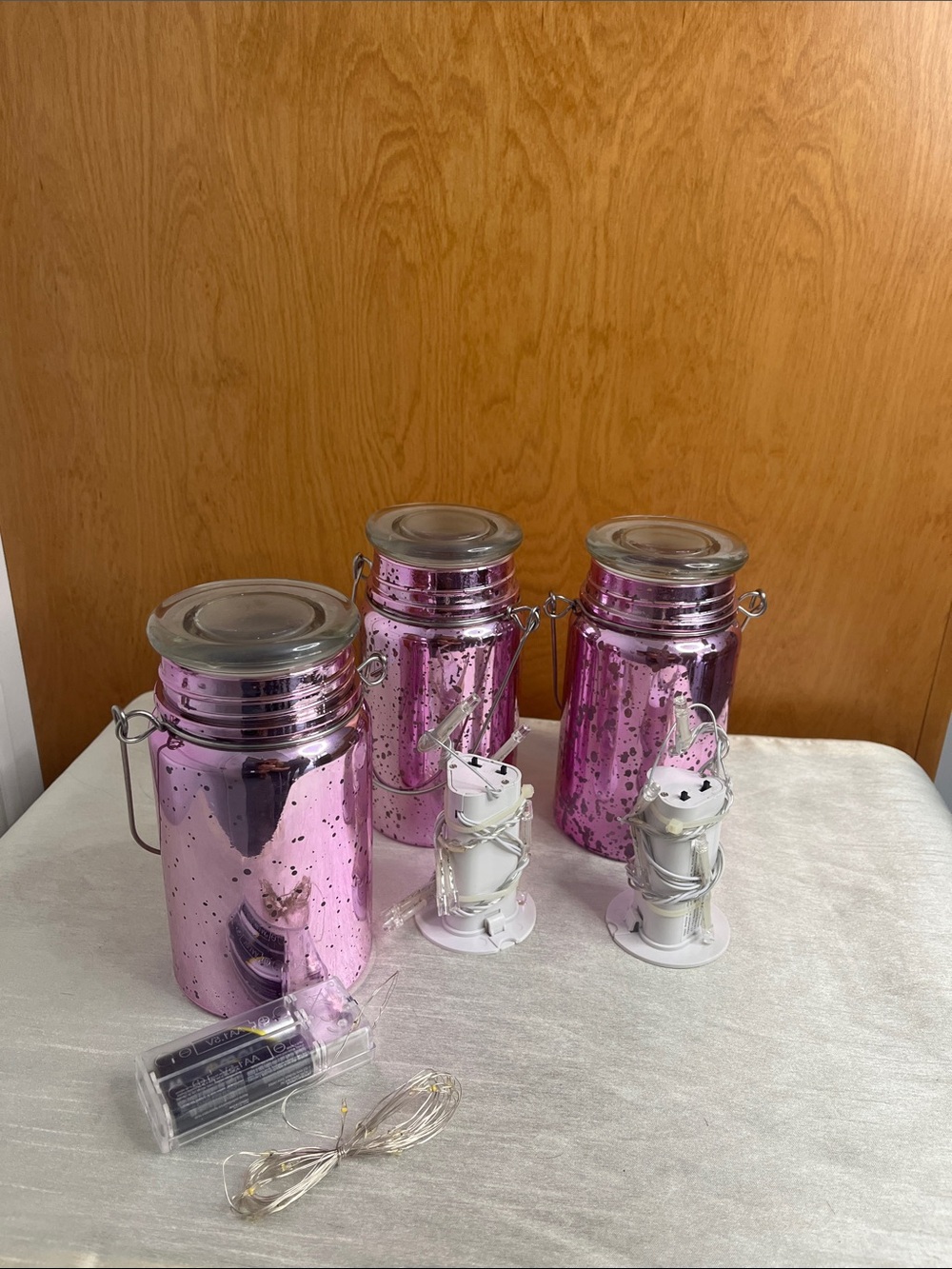 Set of 3 Valerie Parr Hill Pink Mercury Glass Lit Mason Jars